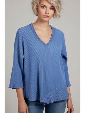 Fenini Blue Ribbed Tunic Top Asymmetrical Hem Cotton Relaxed Fit Size XL